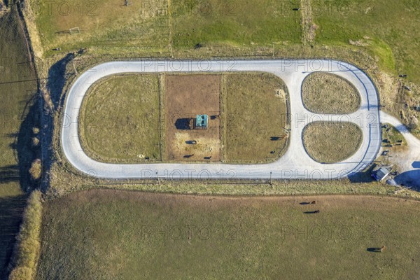 Aerial view, Quinkenhof riding centre, paddock in Melbecke, Lennestadt, Sauerland, North