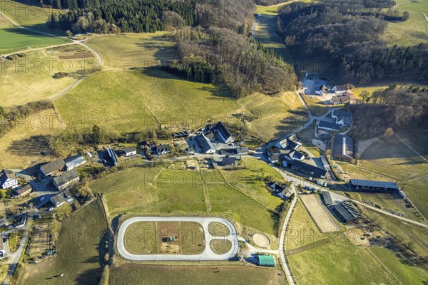 Aerial view, Quinkenhof riding centre, paddock in Melbecke, Lennestadt, Sauerland, North