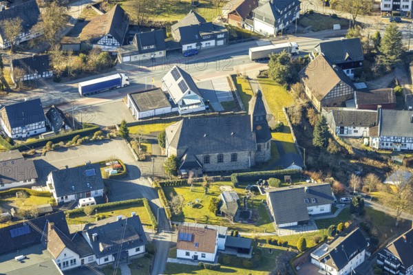 Aerial view, catholic church St. Maria Immaculata, Oberelspe, Lennestadt, Sauerland, North