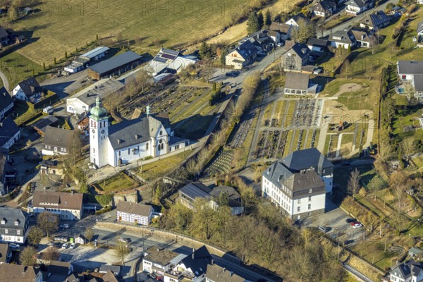 Aerial view, catholic church St. Jakobus der Ältere with Elspe cemetery, Elspe school, Elspe,