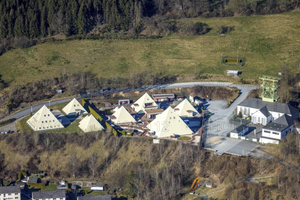 Aerial view, Galileo Park, Sauerland Pyramids, Mining Museum Siciliaschacht with winding tower,