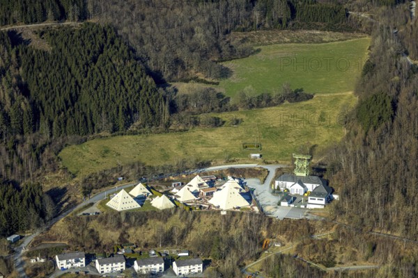 Aerial view, Galileo Park, Sauerland Pyramids, Mining Museum Siciliaschacht with winding tower,