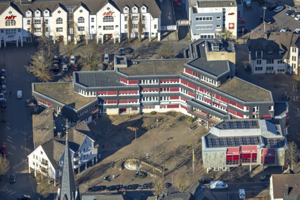 Aerial view, Lennestadt town hall and Thomas-Morus-Platz, spire of St. Agatha church, Altenhundem,