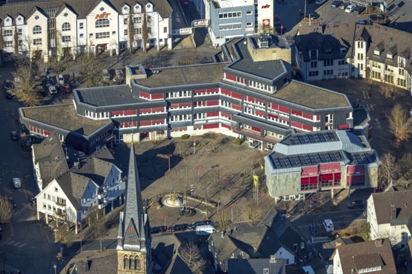 Aerial view, Lennestadt town hall and Thomas-Morus-Platz, spire of St. Agatha church, Altenhundem,