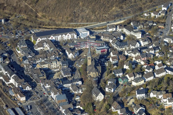 Aerial view, City centre with town hall and church St. Agatha and market place, HIT shopping