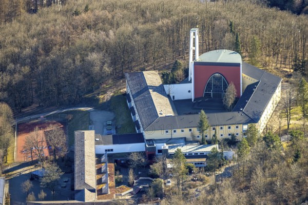 Aerial view, monastery church, Gymnasium Maria Königin, Altenhundem, Lennestadt, Sauerland, North