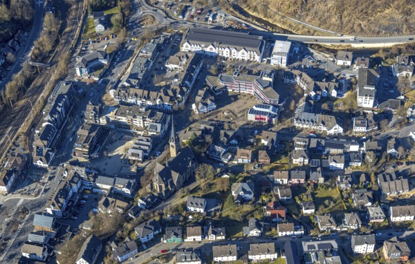Aerial view, City centre with town hall and church St. Agatha and market place, HIT shopping