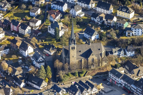 Aerial view, Protestant Church of St. Agatha Altenhundem-Meggen, Meggen, Lennestadt, Sauerland,