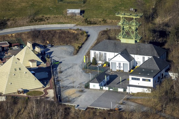 Aerial view, Galileo Park, Sauerland Pyramids, Mining Museum Siciliaschacht with winding tower,