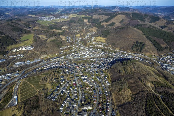 Aerial view, residential area of Meggen with wooded hilly landscape and forest damage, Meggen,