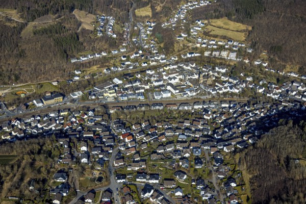 Aerial view, residential area of Meggen with wooded hilly landscape and forest damage, Meggen,
