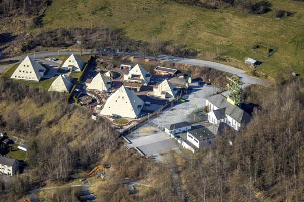 Aerial view, Galileo Park, Sauerland Pyramids, Mining Museum Siciliaschacht with winding tower,