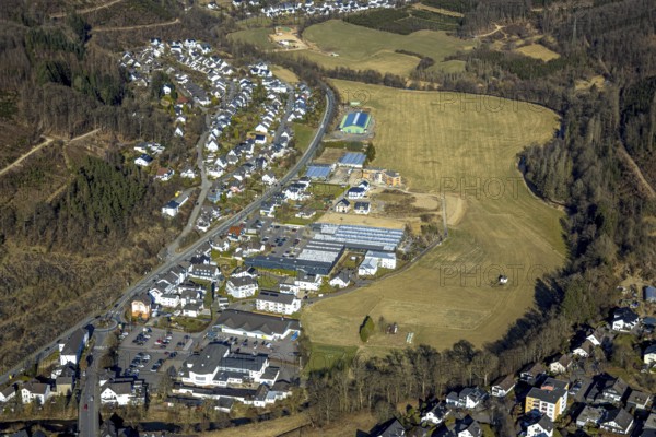 Aerial view, residential area hilly landscape and forest area with forest damage, Heinsberg,