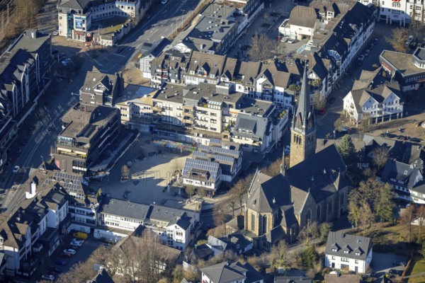 Aerial view, Church of St. Agatha and market place, Altenhundem, Lennestadt, Sauerland, North