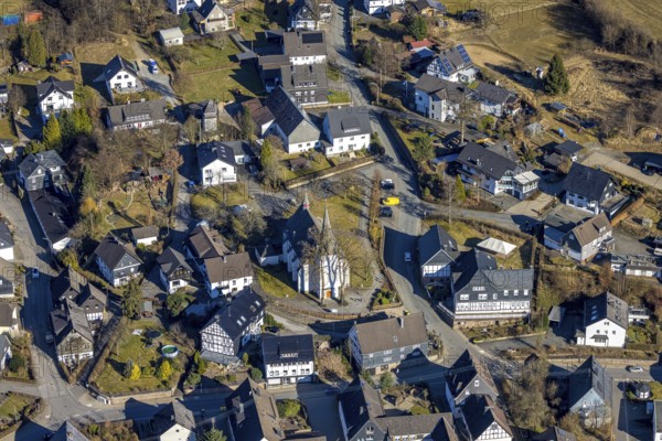 Aerial view, residential area town centre with catholic church St. Katharina Heinsberg,