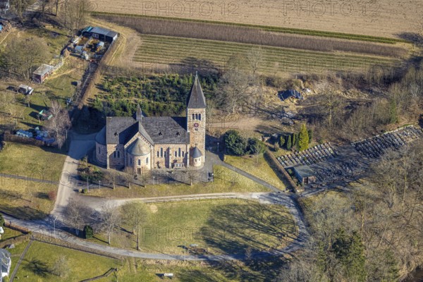 Aerial view, parish church Herz-Jesu Albaum Albaum, Kirchhundem, Sauerland, North Rhine-Westphalia,