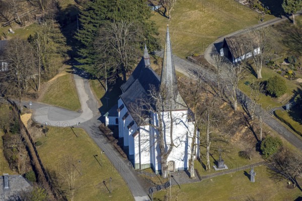 Aerial view, catholic church St. Lambertus, Oberhundem, Kirchhundem, Sauerland, North