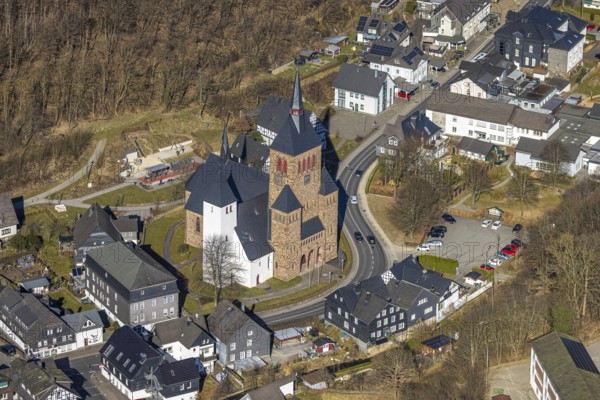 Aerial view, Church of St. Peter and Paul, Kirchhundem, Sauerland, North Rhine-Westphalia, Germany,