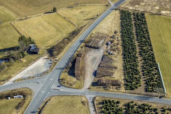 Aerial view, lumberyard at the state road L728, Brachthausen, Kirchhundem, Sauerland, North