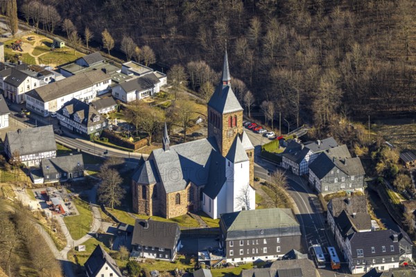 Aerial view, Church of St. Peter and Paul, Kirchhundem, Sauerland, North Rhine-Westphalia, Germany,