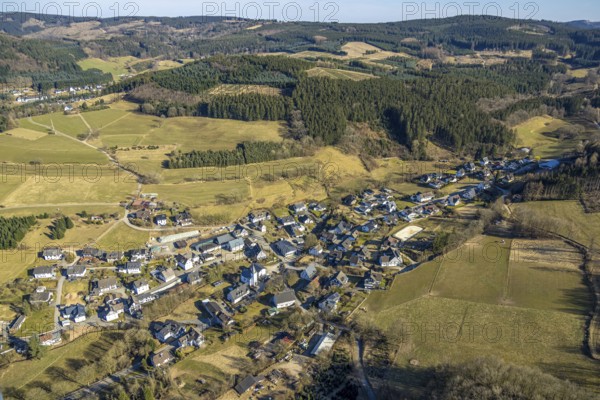 Aerial view, residential area, view of Marmecke with St. Antonius Church, wooded area, hilly