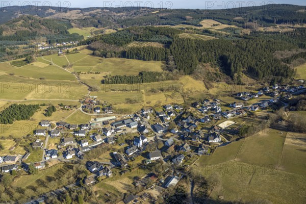 Aerial view, residential area, view of Marmecke with St. Antonius Church, wooded area, hilly