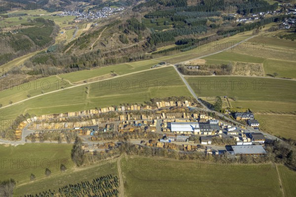 Aerial view, Jürgens Holzbearbeitung GmbH sawmill, forest area hilly landscape with forest damage,