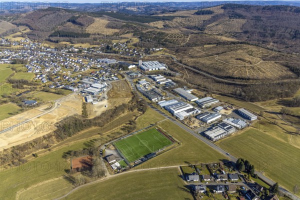 Aerial view, commercial area In der Welsmicke, football stadium sports ground SV Rahrbachtal 1989 e