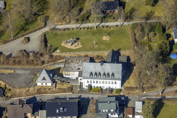 Aerial view, Alte Schule Hochstraße and playground Rahrbach, Rahrbach, Kirchhundem, Sauerland,