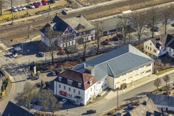 Aerial view, half-timbered station building Kirchhundem-Welschen Ennest railway station, tracks and