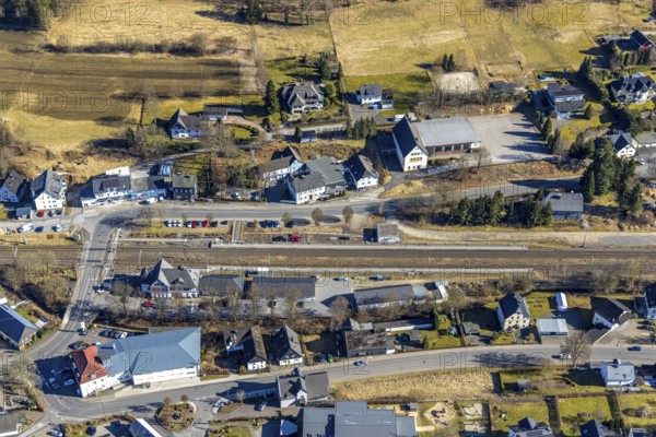 Aerial view, half-timbered station building Kirchhundem-Welschen Ennest railway station, tracks and