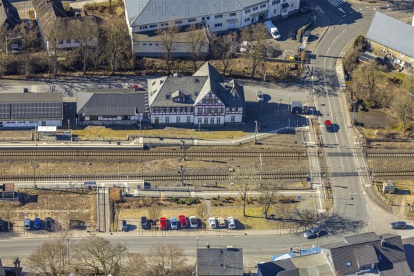 Aerial view, half-timbered station building Kirchhundem-Welschen Ennest railway station, tracks and