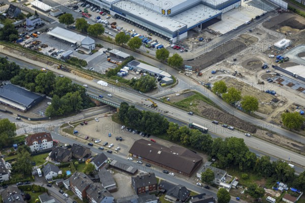Aerial view, large construction site motorway junction Herne with tunnel construction, motorway A43
