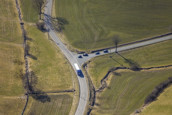 Aerial view, crossroads at Kruberger Bach, L711 road, Kruberg, Kirchhundem, Sauerland, North