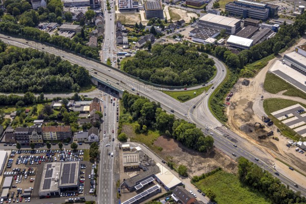 Aerial view, large construction site motorway junction Herne with tunnel construction, motorway A43