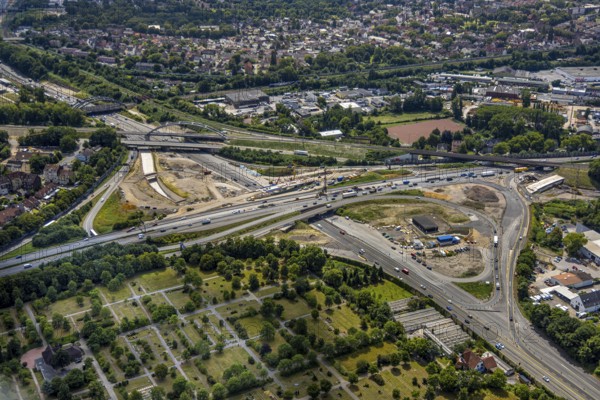 Aerial view, large construction site motorway junction Herne with tunnel construction, motorway A43