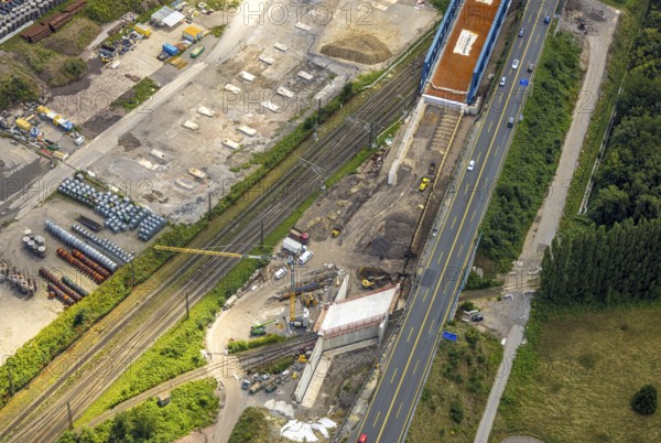 Aerial view, large construction site motorway junction Herne with tunnel construction, motorway A43