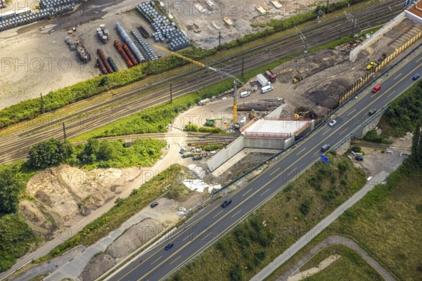 Aerial view, large construction site motorway junction Herne with tunnel construction, motorway A43
