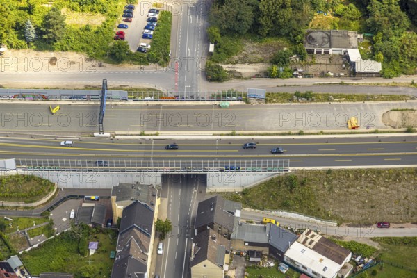 Aerial view, large construction site motorway junction Herne with tunnel construction, motorway A43