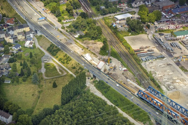 Aerial view, large construction site motorway junction Herne with tunnel construction, motorway A43