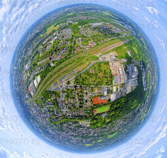 Horsthausen goods station and new residential area Horsthauser Straße, globe, fisheye image,