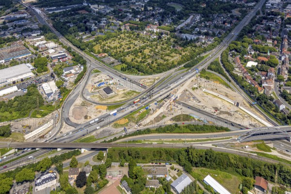 Aerial view, large construction site motorway junction Herne with tunnel construction, motorway A43