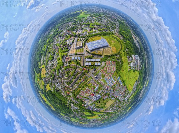 Residential area local view Sodingen with academy Mont-Cenis and tree avenue circle, globe, fisheye