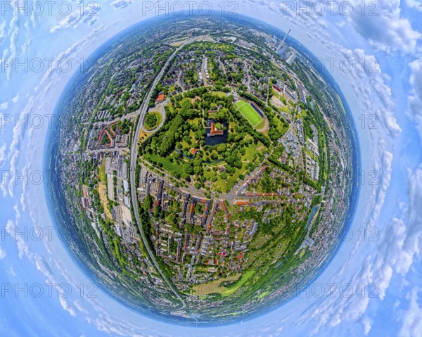 Strünkede Castle moated castle with castle garden, Edeka-Koch-Sportpark football stadium of SC