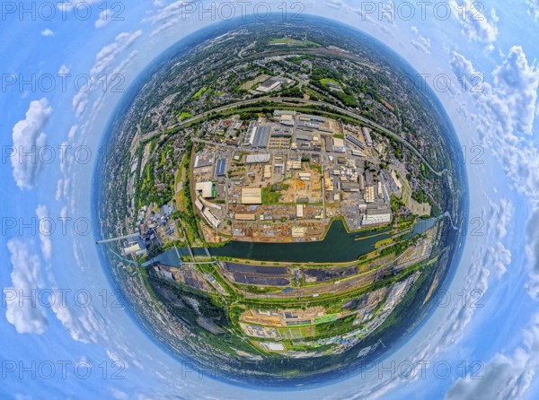 Industrial area Heerstraße Crange at the Rhine-Herne Canal and motorway A42, globe, fisheye image,