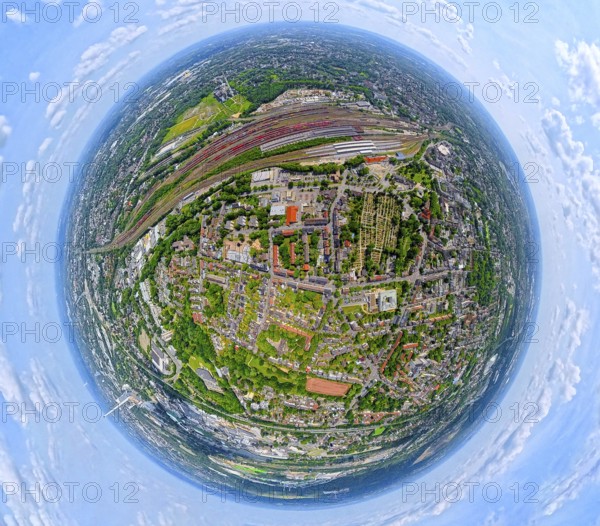Deutsche Bahn AG freight station and main station Wanne-Eickel, cemetery Wanne-Mitte, earth globe,