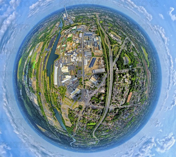 Industrial area Heerstraße Crange at the Rhine-Herne Canal and motorway A42, globe, fisheye image,