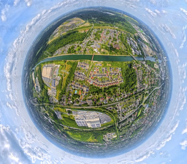 Rhine-Herne Canal and Artists' Colliery Unser Fritz 2/3 Venue, Earth globe, fisheye image, fisheye