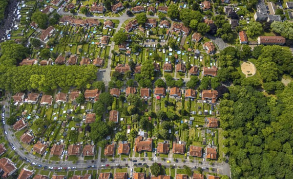 Aerial view, miners' housing estate Teutoburgia with red roofs, houses and gardens, Börnig, Herne,