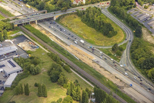 Aerial view, large construction site motorway junction Herne with tunnel construction, motorway A43